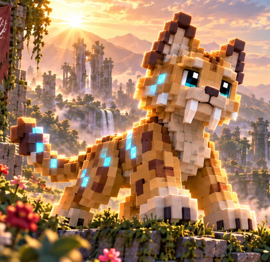 The Sabertooth Variant in its world: a voxel sabertooth among sunrise ruins