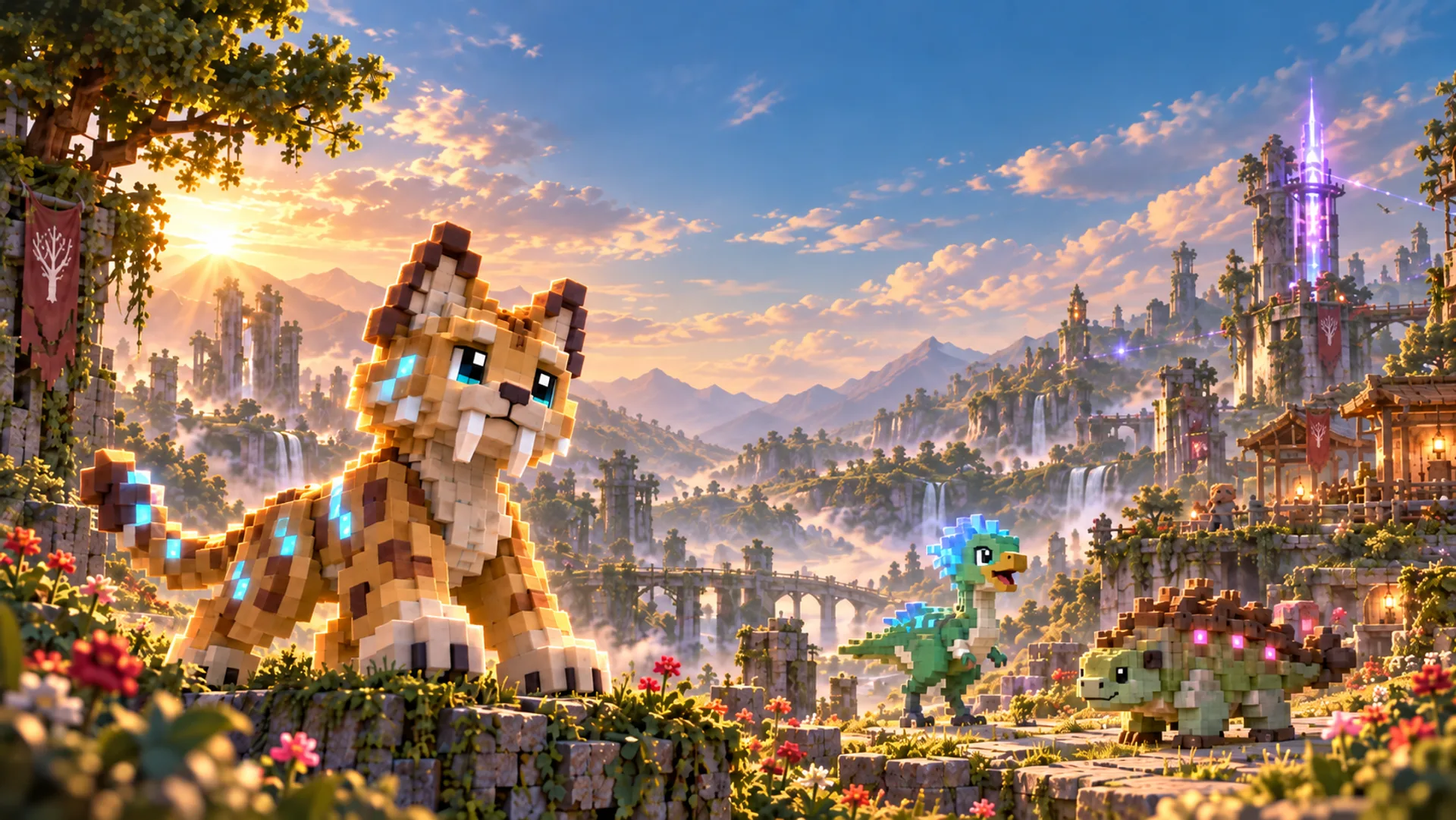 A young voxel sabertooth, a raptor and an ankylosaur among overgrown ruins at sunrise, a tower glowing in the distance